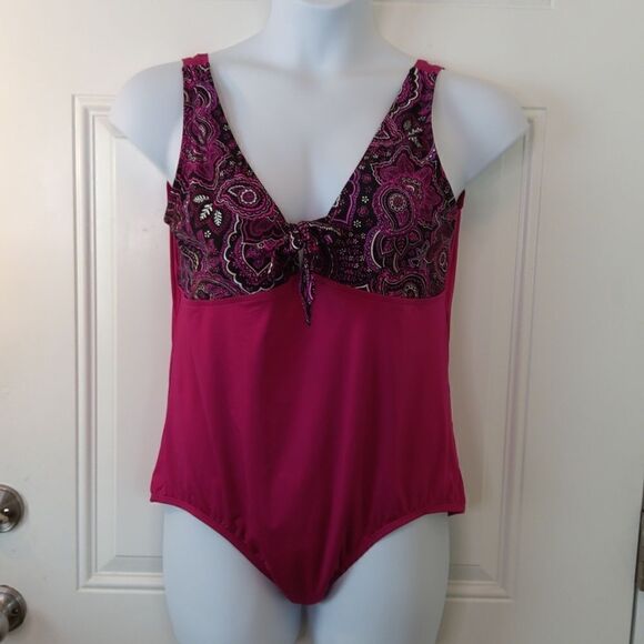 Bleu ice magenta and black Paisley one piece swimsuit with front bow - Picture 1 of 8